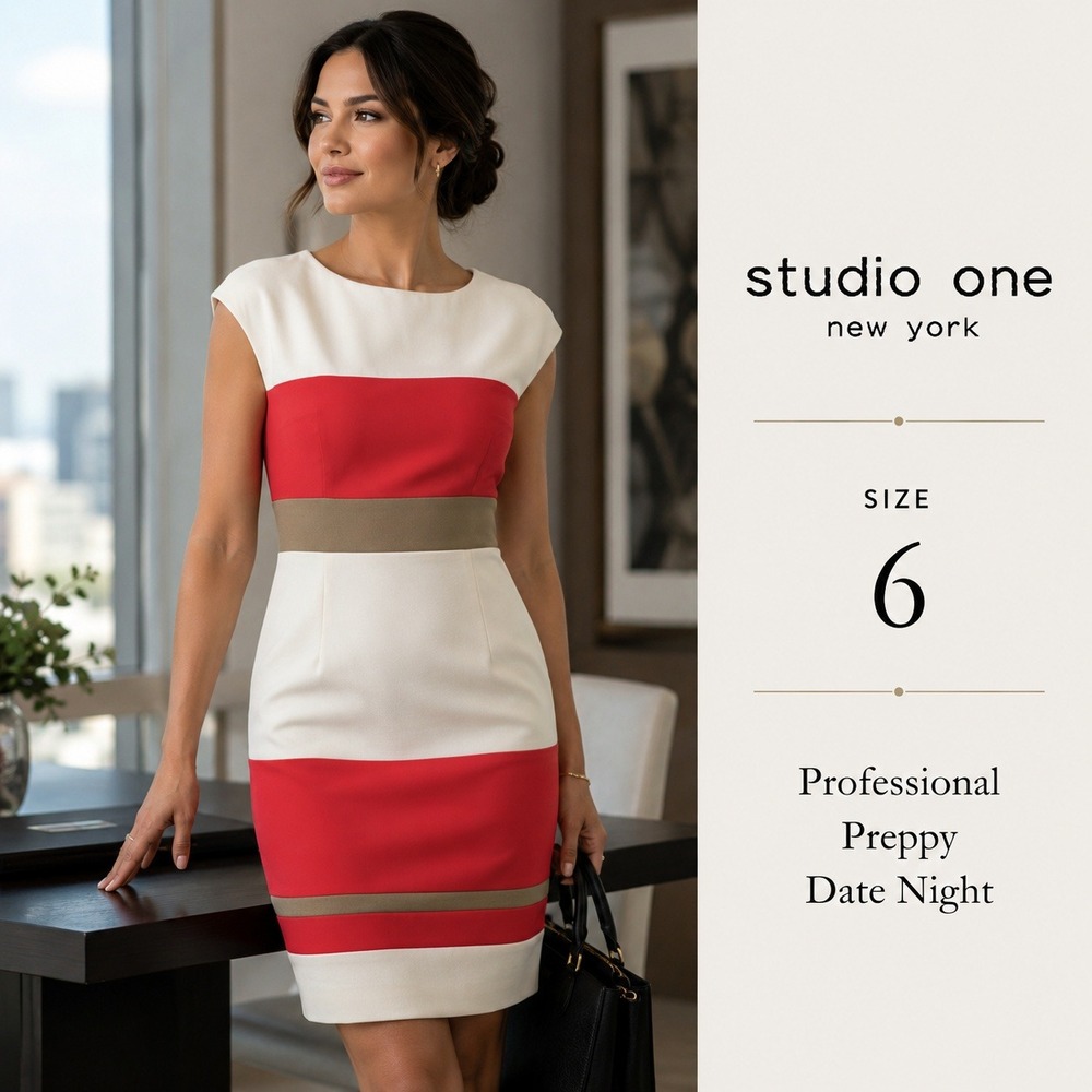 Studio One New York Sheath Dress Womens 6 White Red Colorblock Striped Cocktail